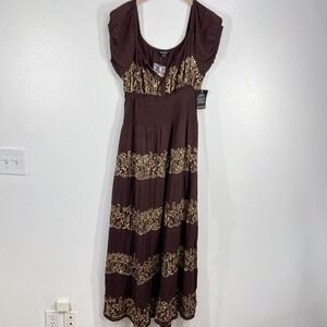 Boston Proper Maxi Dress Gold Embroidered Tiered‎ Smocked Empire Waist Medium
